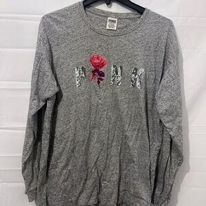 Victoria's Secret PINK Gray Tee with Pink Rose Graphic